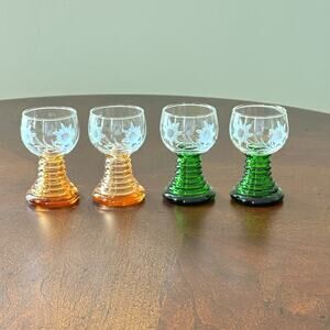 Etched Beehive Stem Glasses Shot Sz (4) 2 5/8" Tall Flat Floral Vintage Barware
